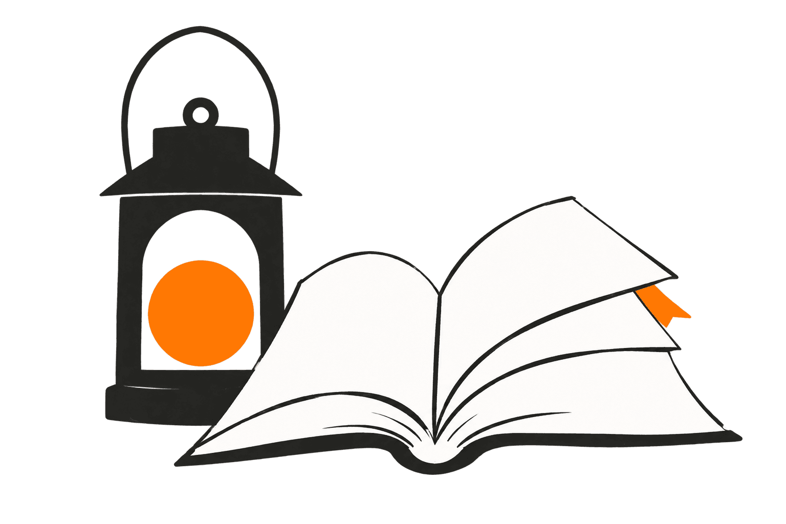A charcoal lantern with an amber light beside an open book.