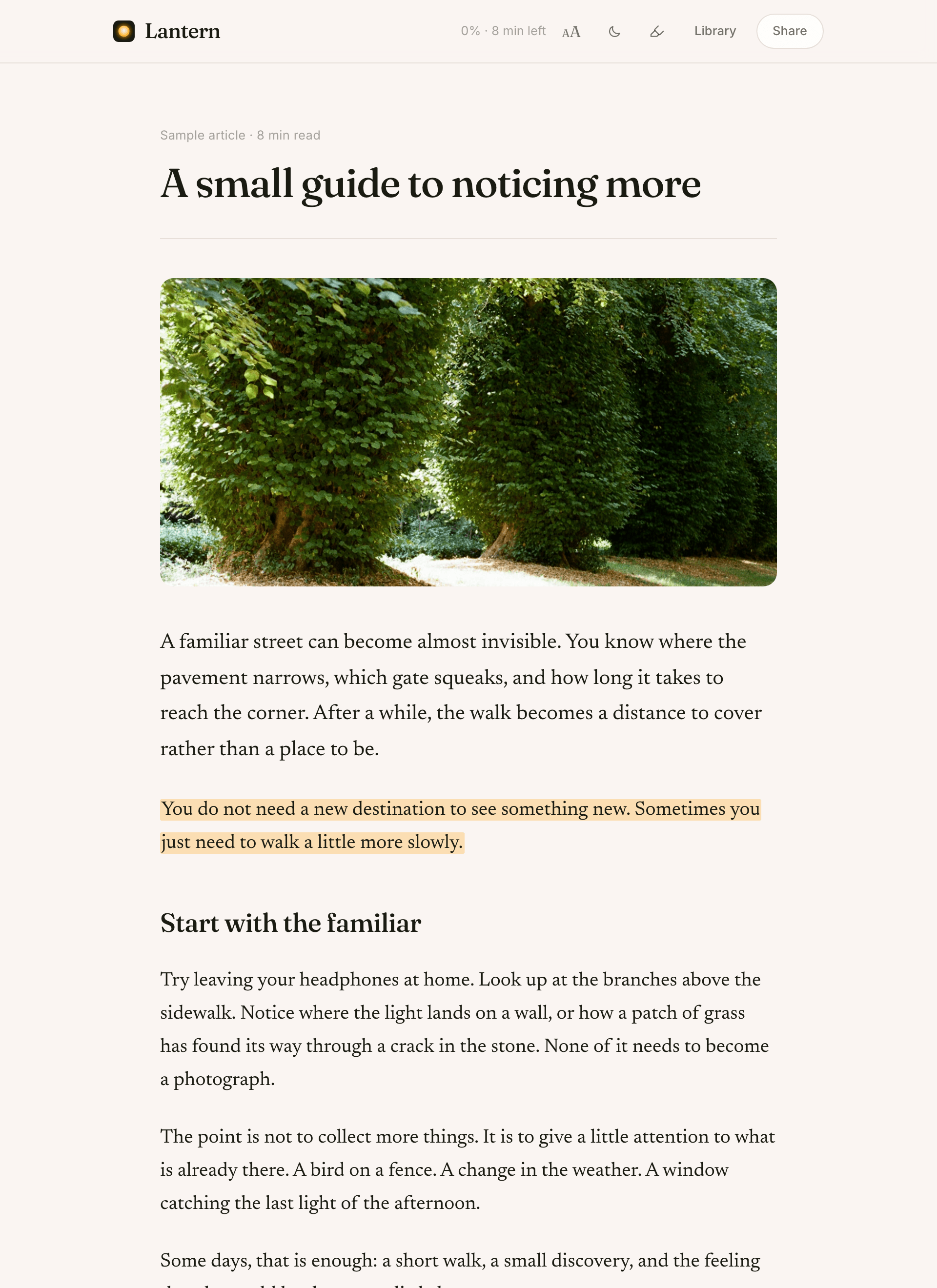 A sample article in Lantern’s reader, with its lead image, saved highlight, and reading controls.
