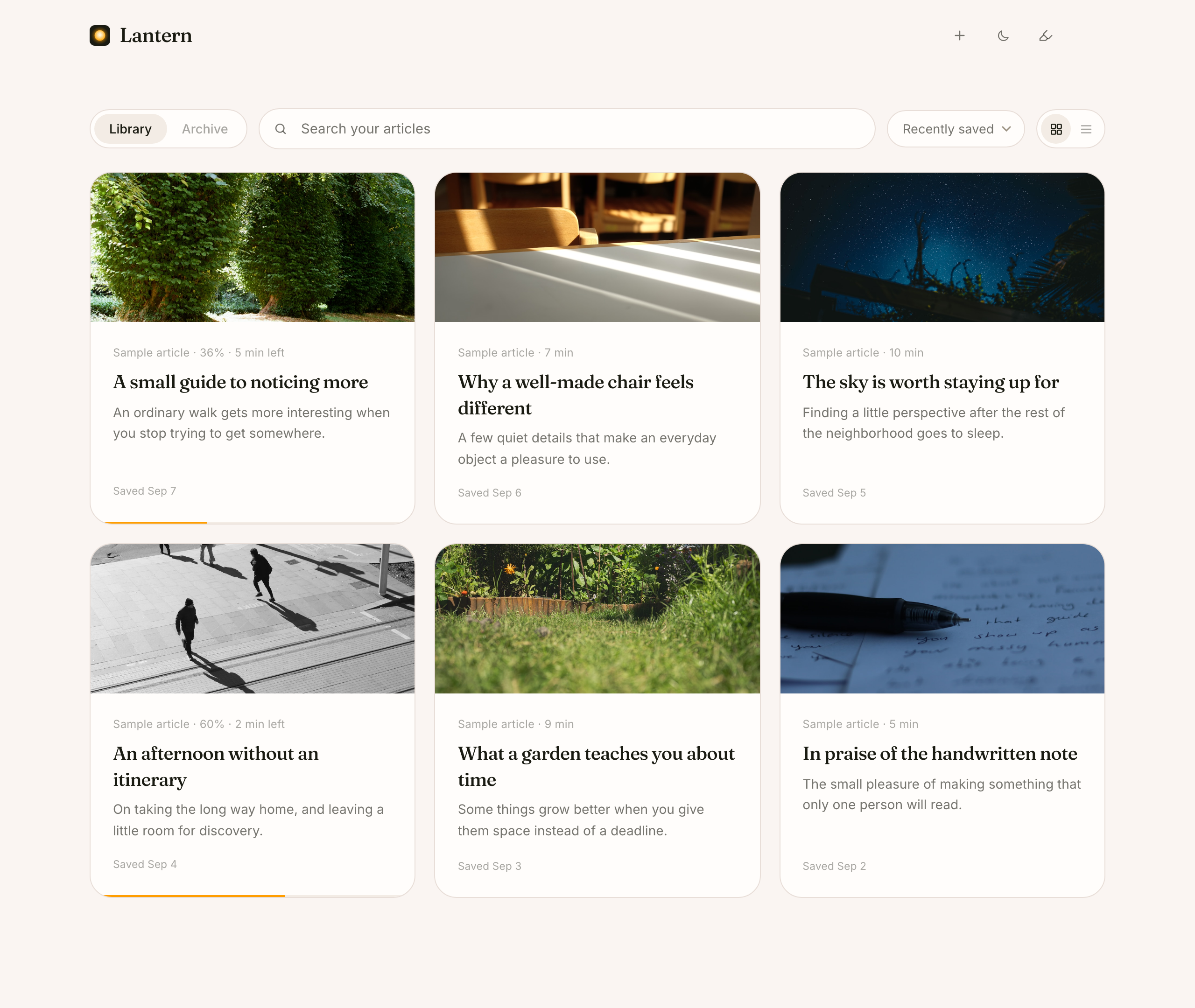Lantern library showing article images, titles, excerpts, search, and saved reading progress.