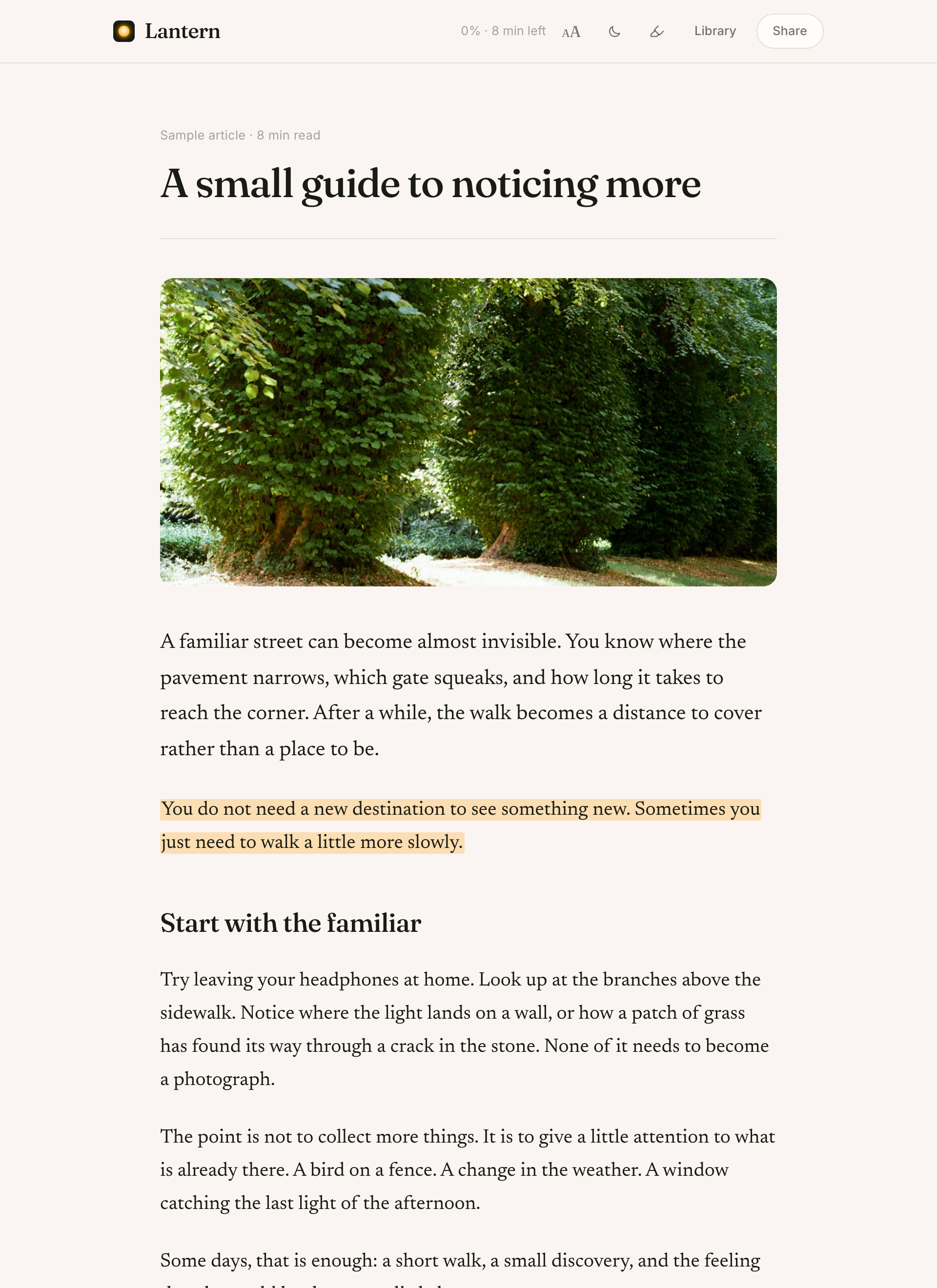 A sample article in Lantern’s reader, with its lead image, saved highlight, and reading controls.